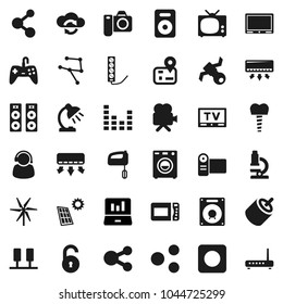 Flat vector icon set - microscope vector, table lamp, laptop graph, molecule, navigator, satellite, equalizer, tv, video camera, speaker, rec button, rca, tooth implant, network, server, share