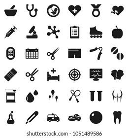 Flat vector icon set - microscope vector, diet, clipboard, jump rope, hand trainer, fitball, buttocks, boxing glove, shorts, roller Skates, target, medal, sports nutrition, molecule, calendar, cross