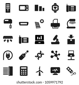 Flat vector icon set - microscope vector, table lamp, laptop graph, molecule, heart monitor, phone, package, sorting, hdmi, jack, dna, diagnostic, notebook network, hub, solar panel, windmill, mixer