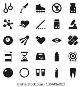 Flat vector icon set - microscope vector, pills vial, punching bag, fitball, roller Skates, target, sports nutrition, molecule, water bottle, shuttlecock, no alcohol sign, hoop, gymnast rings, cross