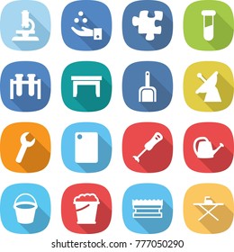 flat vector icon set - microscope vector, chemical industry, puzzle, test vial, table, scoop, satellite antenna, wrench, cutting board, blender, watering can, bucket, foam, sponge, iron