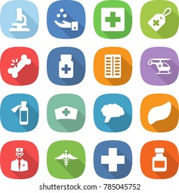 flat vector icon set - microscope vector, chemical industry, medical cross, label, broken bone, pills bottle, blister, ambulance helicopter, potion, hat, brain, liver, doctor, sign