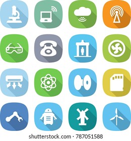 flat vector icon set - microscope vector, notebook wireless, cloud, antenna, smart glasses, phone, detector, cooler fan, air conditioning, atom, coil, sd card, robot hand, windmill