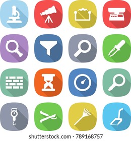 flat vector icon set - microscope vector, telescope, electrostatic, market scales, magnifier, funnel, pipette, brick wall, sand clock, barometer, handle, pruner, rake, scoop