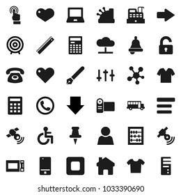 Flat vector icon set - microwave oven vector, pen, ruler, bell, calculator, notebook pc, school bus, abacus, target, arrow down, satellitie, settings, mobile phone, touchscreen, social media, heart