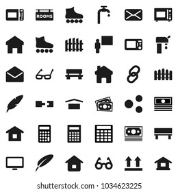 Flat vector icon set - microwave oven vector, pen, blackboard, glasses, calculator, cash, roller Skates, money, dry cargo, top sign, monitor, link, mail, share, home, bench, connection, water supply