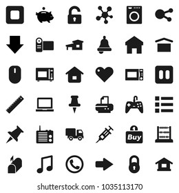 Flat vector icon set - microwave oven vector, ruler, bell, notebook pc, abacus, music, piggy bank, arrow down, dry cargo, social media, heart, thumbtack, pause button, stop, syringe, home, lock, buy