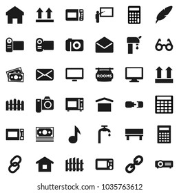Flat vector icon set - microwave oven vector, pen, blackboard, glasses, calculator, music, money, dry cargo, top sign, monitor, link, mail, home, bench, connection, water supply, fence, camera