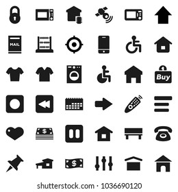 Flat vector icon set - microwave oven vector, abacus, target, arrow up, t shirt, calendar, dry cargo, satellitie, settings, remote control, mobile phone, heart, thumbtack, pause button, backward