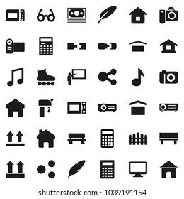Flat vector icon set - microwave oven vector, pen, blackboard, glasses, calculator, music, roller Skates, money, dry cargo, top sign, monitor, share, home, bench, connection, water supply, fence