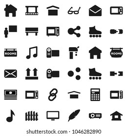 Flat vector icon set - microwave oven vector, pen, blackboard, glasses, calculator, music, cash, roller Skates, dry cargo, top sign, film frame, monitor, link, mail, share, home, bench, connection