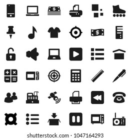 Flat vector icon set - microwave oven vector, ruler, pen, notebook pc, music, target, any currency, roller Skates, dry cargo, satellitie, speaker, mobile phone, group, thumbtack, play button, pause