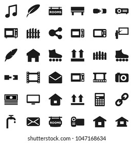 Flat vector icon set - microwave oven vector, pen, blackboard, calculator, music, cash, roller Skates, top sign, film frame, monitor, link, mail, share, home, bench, connection, water supply, fence