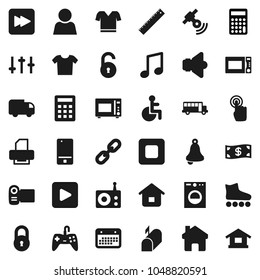 Flat vector icon set - microwave oven vector, ruler, bell, school bus, music, calculator, t shirt, roller Skates, calendar, radio, satellitie, speaker, settings, mobile phone, touchscreen, stop