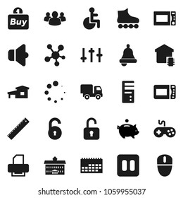 Flat vector icon set - microwave oven vector, university, ruler, bell, piggy bank, roller Skates, calendar, speaker, gamepad, settings, social media, group, pause button, disabled, loading, unlock