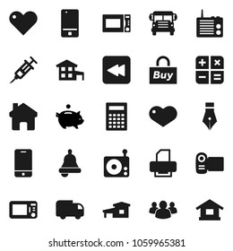 Flat vector icon set - microwave oven vector, pen, bell, calculator, school bus, piggy bank, radio, mobile phone, group, heart, backward button, syringe, home, cottage, buy, delivery, video camera
