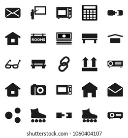 Flat vector icon set - microwave oven vector, blackboard, glasses, cash, calculator, roller Skates, dry cargo, top sign, link, mail, share, home, bench, connection, rooms signboard, camera