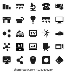 Flat vector icon set - microwave oven vector, microscope, laptop graph, molecule, phone, sorting, tv, video camera, monitor, social media, rec button, diagnostic, tomography, tooth implant, firewall