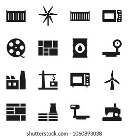 Flat vector icon set - microwave oven vector, sea container, consolidated cargo, oil barrel, big scales, film spool, windmill, construction crane, factory, sewing machine