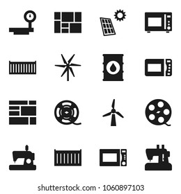 Flat vector icon set - microwave oven vector, sea container, consolidated cargo, oil barrel, big scales, film spool, solar panel, windmill, sewing machine