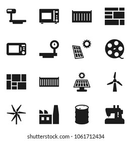 Flat vector icon set - microwave oven vector, sea container, consolidated cargo, oil barrel, big scales, film spool, solar panel, windmill, factory, sewing machine