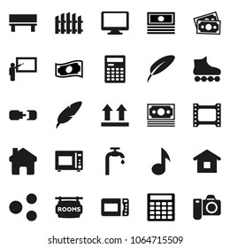 Flat vector icon set - microwave oven vector, pen, blackboard, calculator, music, cash, roller Skates, money, top sign, film frame, monitor, share, home, bench, connection, water supply, fence