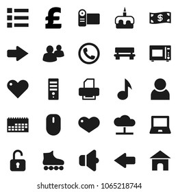 Flat vector icon set - microwave oven vector, cake, notebook pc, music, pound, roller Skates, calendar, speaker, group, heart, cloud network, bench, arrow, user, phone, cash, unlock, menu, computer