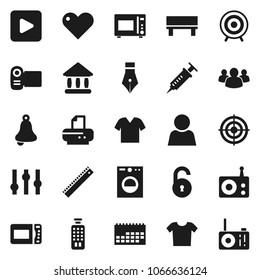 Flat vector icon set - microwave oven vector, pen, ruler, bell, university, target, calendar, radio, settings, remote control, group, heart, play button, syringe, bench, unlock, user, clothes