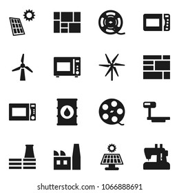 Flat vector icon set - microwave oven vector, consolidated cargo, oil barrel, big scales, film spool, solar panel, windmill, factory, sewing machine