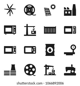 Flat vector icon set - microwave oven vector, sea container, oil barrel, big scales, film spool, solar panel, windmill, construction crane, factory, sewing machine