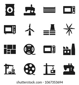 Flat vector icon set - microwave oven vector, sea container, consolidated cargo, oil barrel, film spool, windmill, construction crane, factory, sewing machine