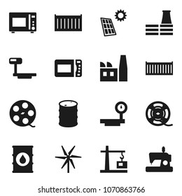 Flat vector icon set - microwave oven vector, sea container, oil barrel, big scales, film spool, solar panel, windmill, construction crane, factory, sewing machine