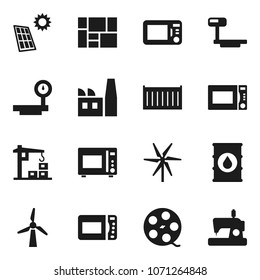 Flat vector icon set - microwave oven vector, sea container, consolidated cargo, oil barrel, big scales, film spool, solar panel, windmill, construction crane, factory, sewing machine