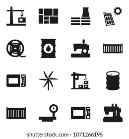 Flat vector icon set - microwave oven vector, sea container, consolidated cargo, oil barrel, big scales, film spool, solar panel, windmill, construction crane, factory, sewing machine