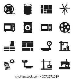 Flat vector icon set - microwave oven vector, consolidated cargo, oil barrel, big scales, film spool, solar panel, windmill, construction crane, factory, sewing machine