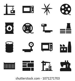 Flat vector icon set - microwave oven vector, sea container, consolidated cargo, oil barrel, big scales, film spool, windmill, construction crane, factory, sewing machine