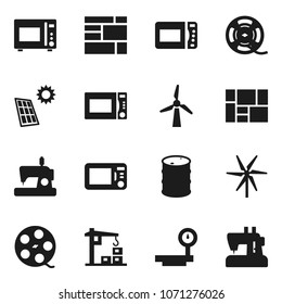 Flat vector icon set - microwave oven vector, consolidated cargo, oil barrel, big scales, film spool, solar panel, windmill, construction crane, sewing machine