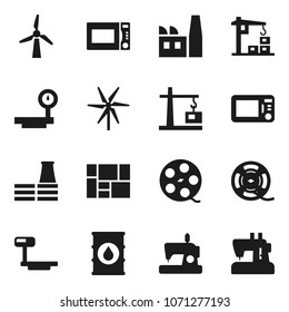 Flat vector icon set - microwave oven vector, consolidated cargo, oil barrel, big scales, film spool, windmill, construction crane, factory, sewing machine
