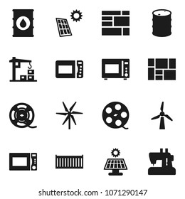 Flat vector icon set - microwave oven vector, sea container, consolidated cargo, oil barrel, film spool, solar panel, windmill, construction crane, sewing machine