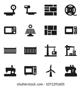 Flat vector icon set - microwave oven vector, sea container, consolidated cargo, big scales, film spool, solar panel, windmill, construction crane, sewing machine