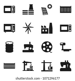 Flat vector icon set - microwave oven vector, sea container, oil barrel, big scales, film spool, solar panel, windmill, construction crane, factory, sewing machine