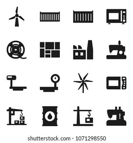 Flat vector icon set - microwave oven vector, sea container, consolidated cargo, oil barrel, big scales, film spool, windmill, construction crane, factory, sewing machine