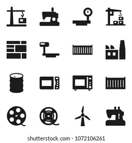 Flat vector icon set - microwave oven vector, sea container, consolidated cargo, oil barrel, big scales, film spool, windmill, construction crane, factory, sewing machine