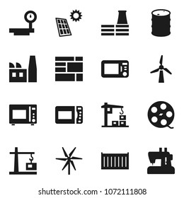 Flat vector icon set - microwave oven vector, sea container, consolidated cargo, oil barrel, big scales, film spool, solar panel, windmill, construction crane, factory, sewing machine