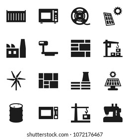 Flat vector icon set - microwave oven vector, sea container, consolidated cargo, oil barrel, big scales, film spool, solar panel, windmill, construction crane, factory, sewing machine