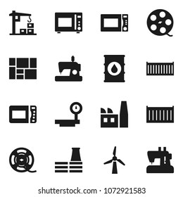 Flat vector icon set - microwave oven vector, sea container, consolidated cargo, oil barrel, big scales, film spool, windmill, construction crane, factory, sewing machine