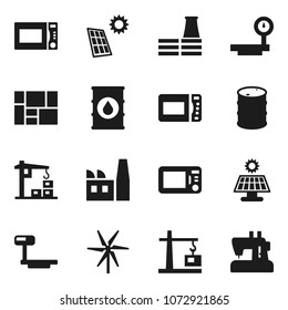 Flat vector icon set - microwave oven vector, consolidated cargo, oil barrel, big scales, solar panel, windmill, construction crane, factory, sewing machine