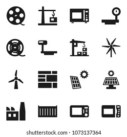 Flat vector icon set - microwave oven vector, sea container, consolidated cargo, big scales, film spool, solar panel, windmill, construction crane, factory