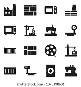 Flat vector icon set - microwave oven vector, sea container, consolidated cargo, oil barrel, big scales, film spool, construction crane, factory, sewing machine