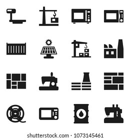 Flat vector icon set - microwave oven vector, sea container, consolidated cargo, oil barrel, big scales, film spool, solar panel, construction crane, factory, sewing machine